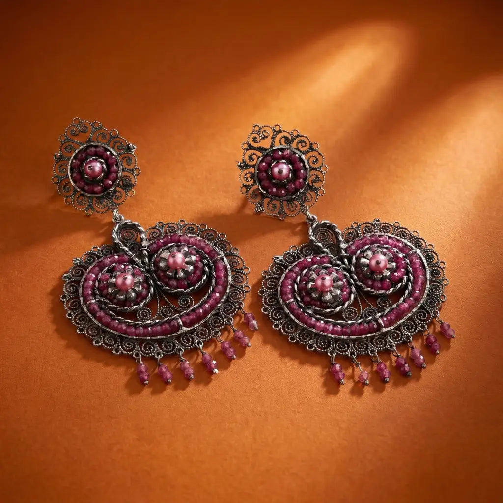 Oaxacan filigree ruby and pink pearl statement earrings