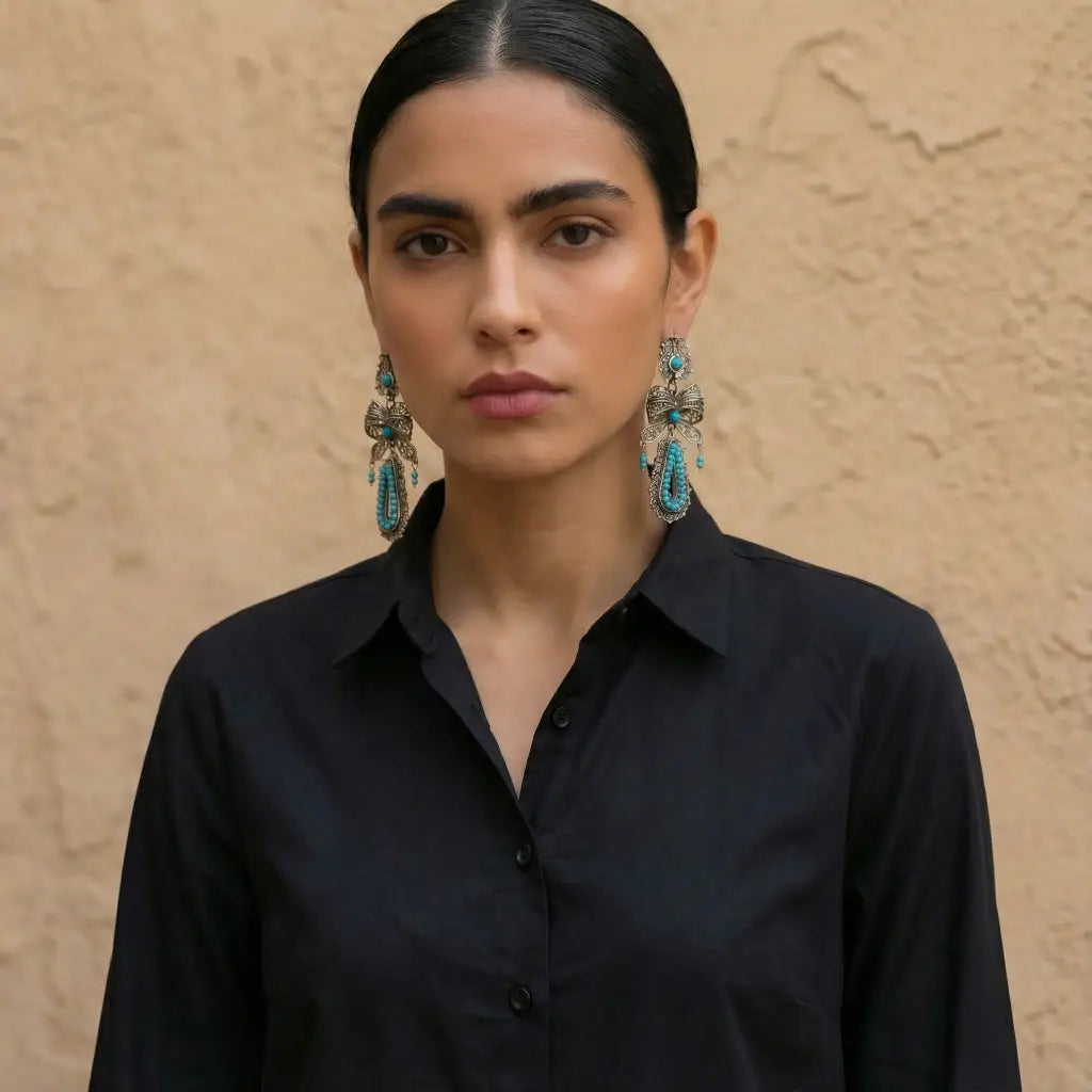 Oaxacan filigree traditional silver earrings with turquoise