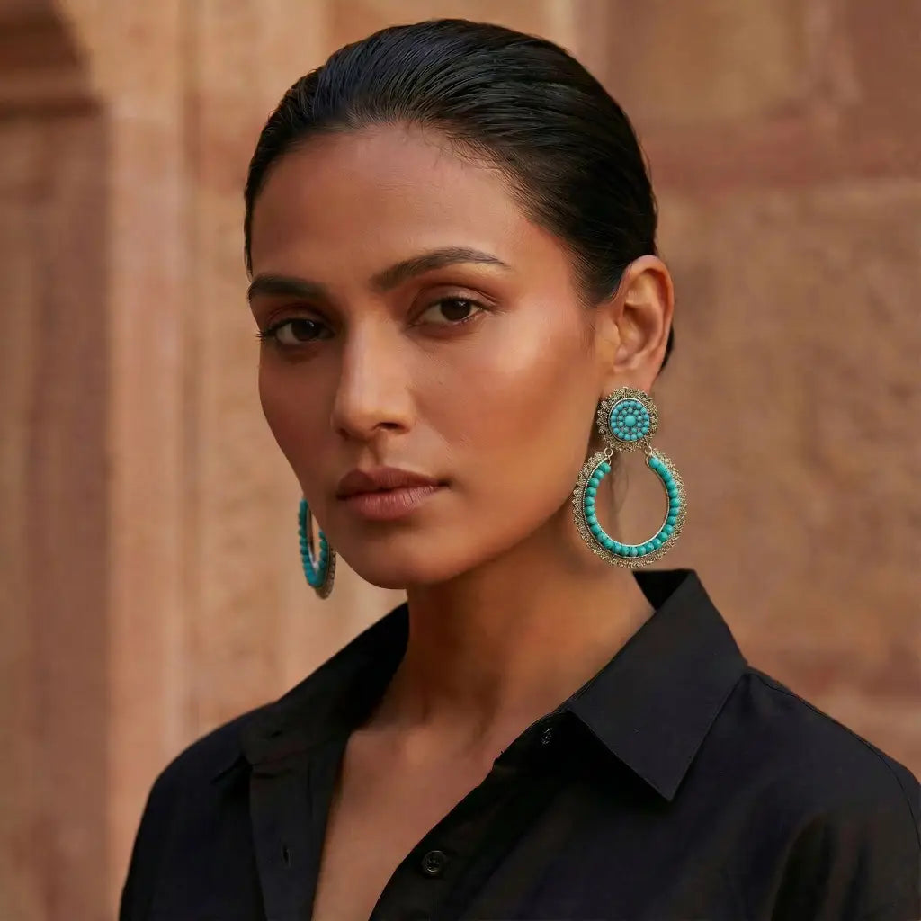 Oaxacan filigree turquoise hoop Earrings