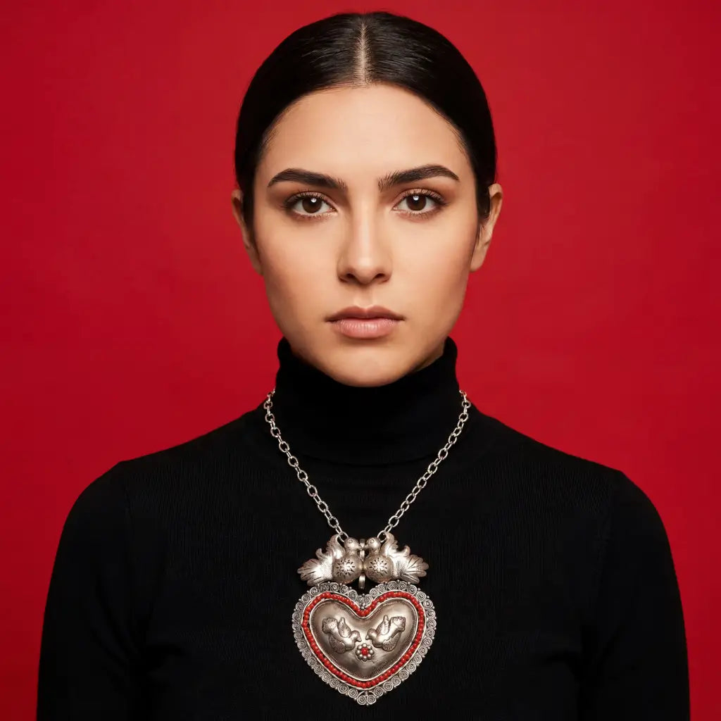 Oaxacan Silver filigree heart pendant with coral - antique