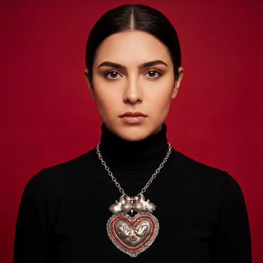 Oaxacan Silver filigree heart pendant with coral - antique