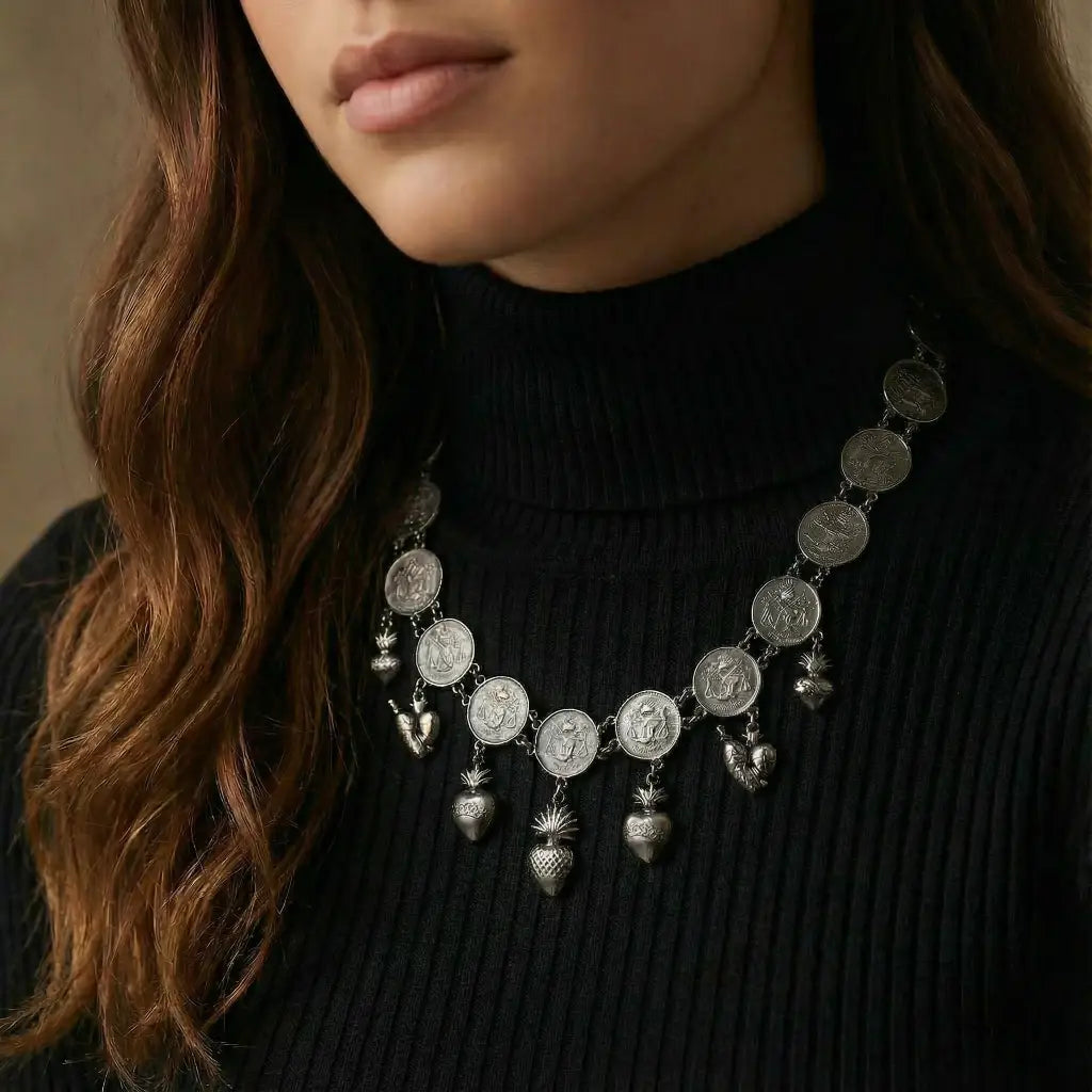 Oaxacan vintage Silver coin necklace circa 1950 - antique