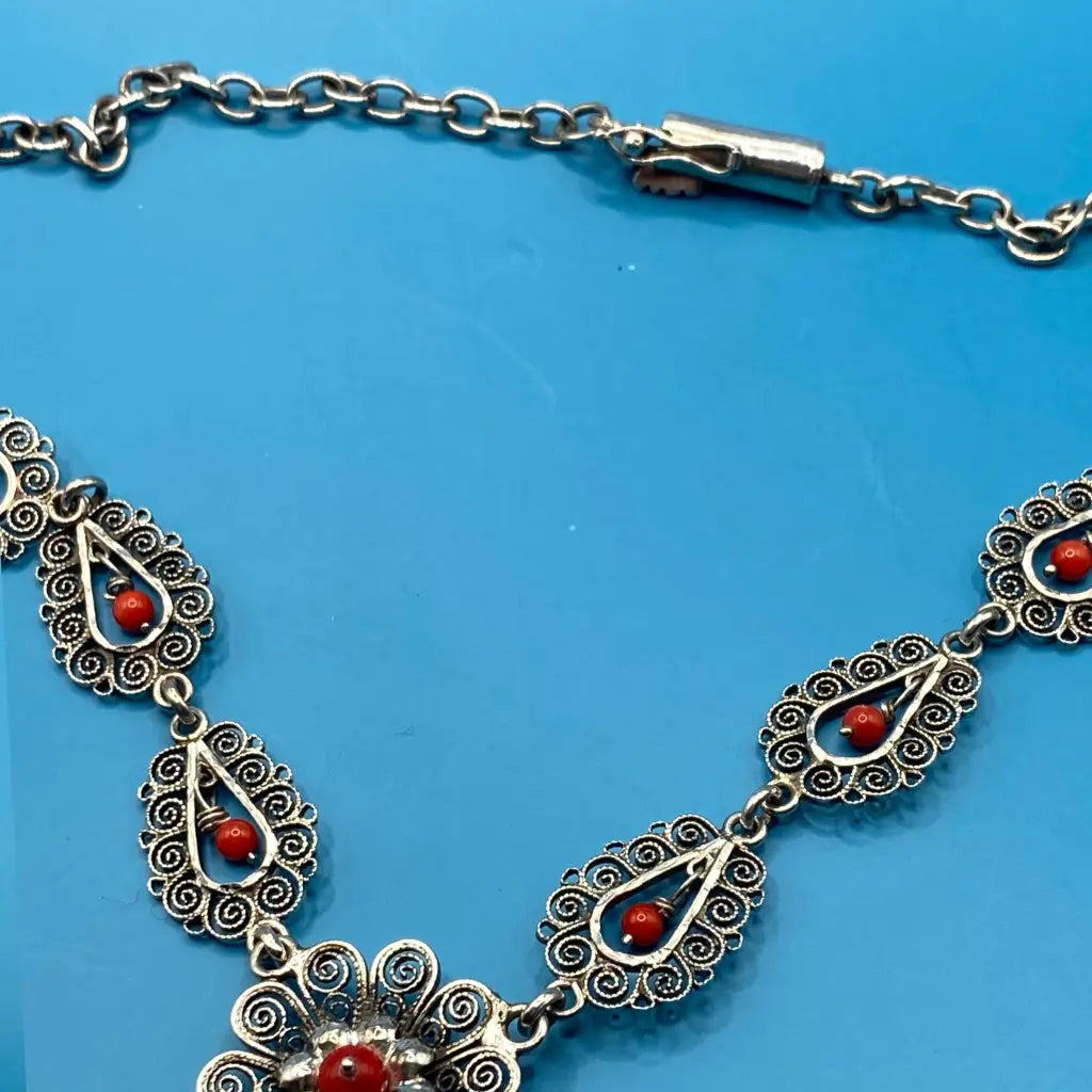 Oaxacan vintage Silver filigree necklace with coral circa