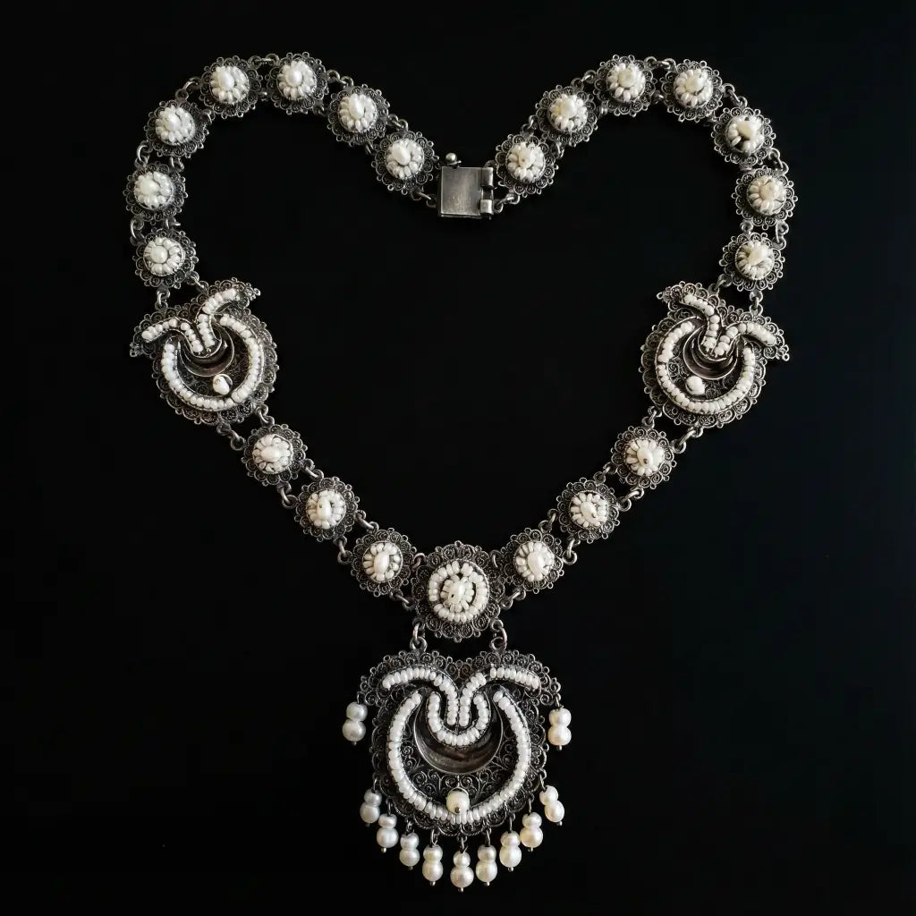 Oaxacan vintage Silver filigree necklace with pearls circa