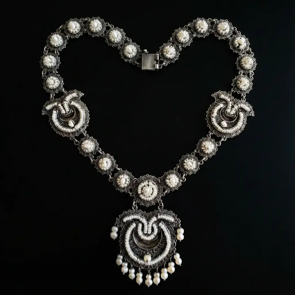 Oaxacan vintage Silver filigree necklace with pearls circa