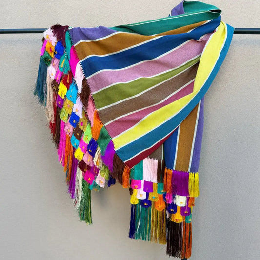 Purepecha rebozo with fringe—blue green yellow stripes