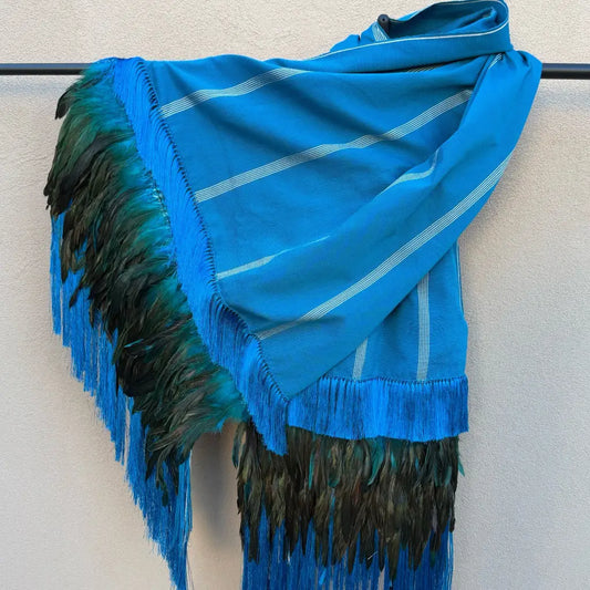 Purepecha rebozo with fringe and feathers blue - Shawl