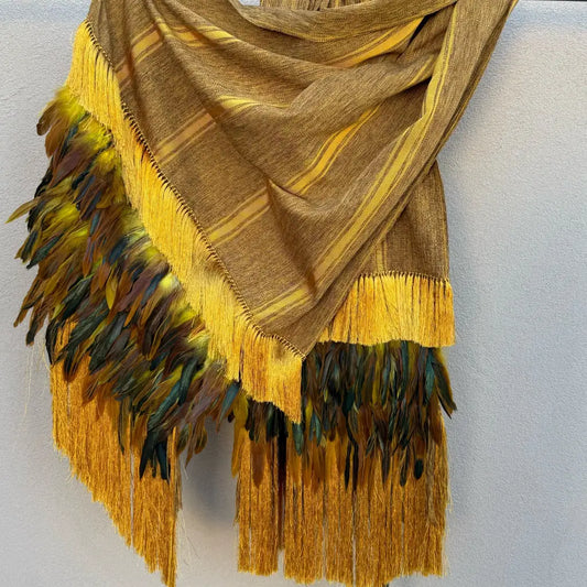 Purepecha rebozo with fringe and feathers deep mustard