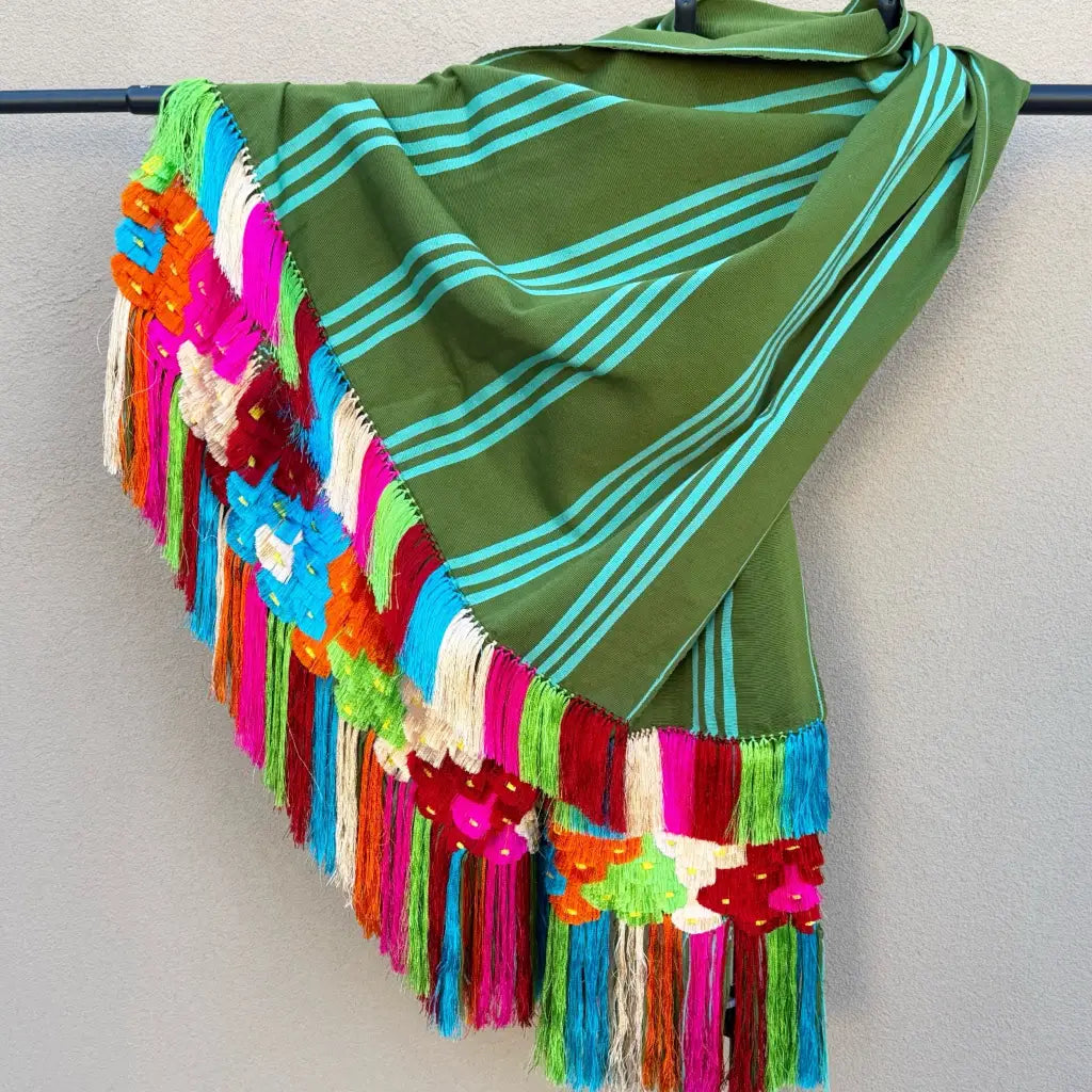 Purepecha rebozo with fringe and feathers green multi color