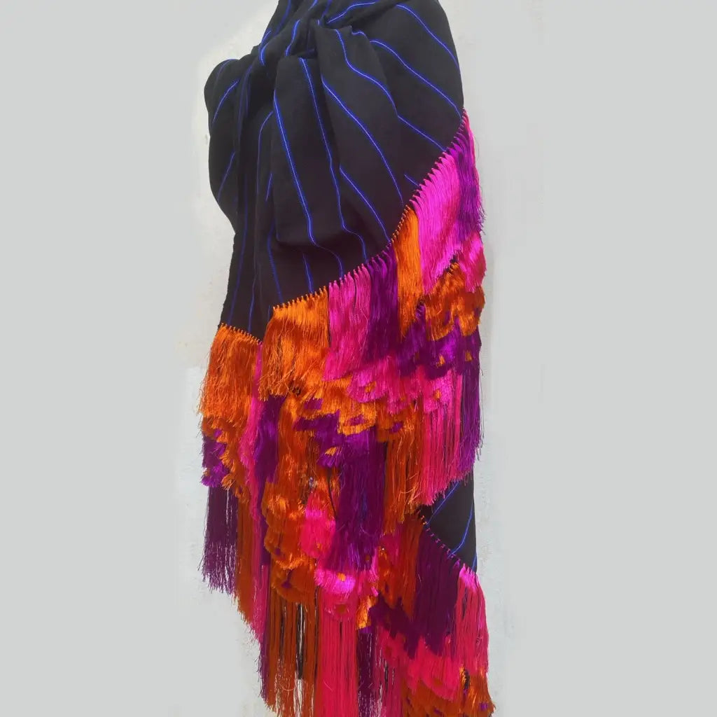 Purepecha rebozo with fringe and feathers Preorder-black