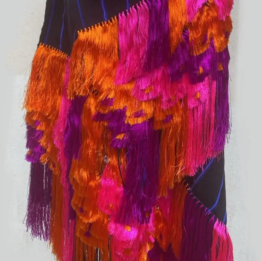 Purepecha rebozo with fringe and feathers Preorder-black
