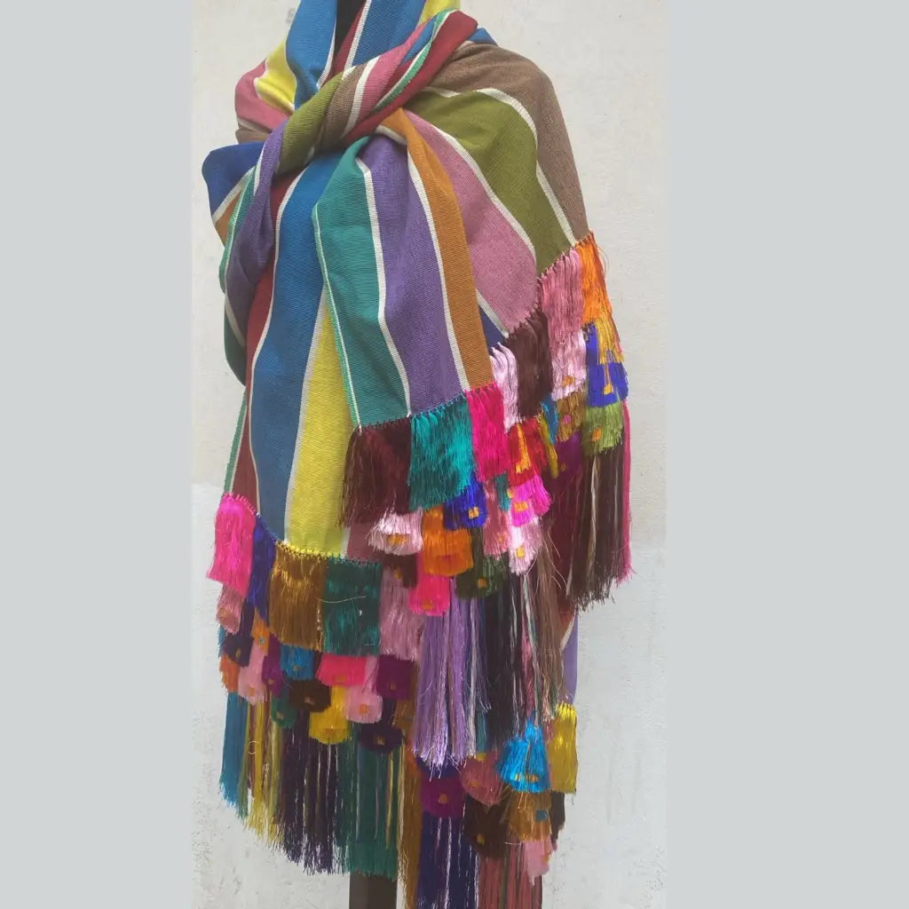 Purepecha rebozo with fringe and feathers Preorder-blue