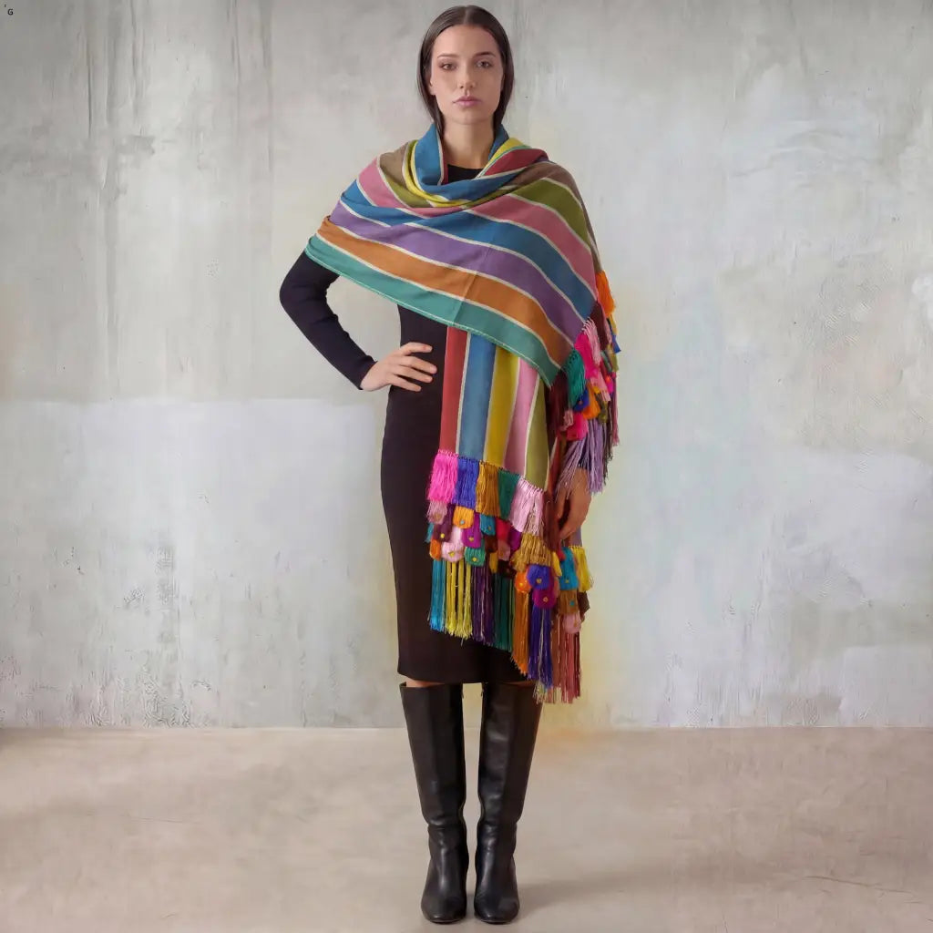 Purepecha rebozo with fringe and feathers Preorder-blue