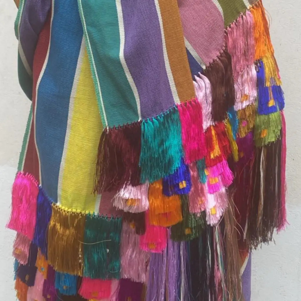 Purepecha rebozo with fringe and feathers Preorder-blue