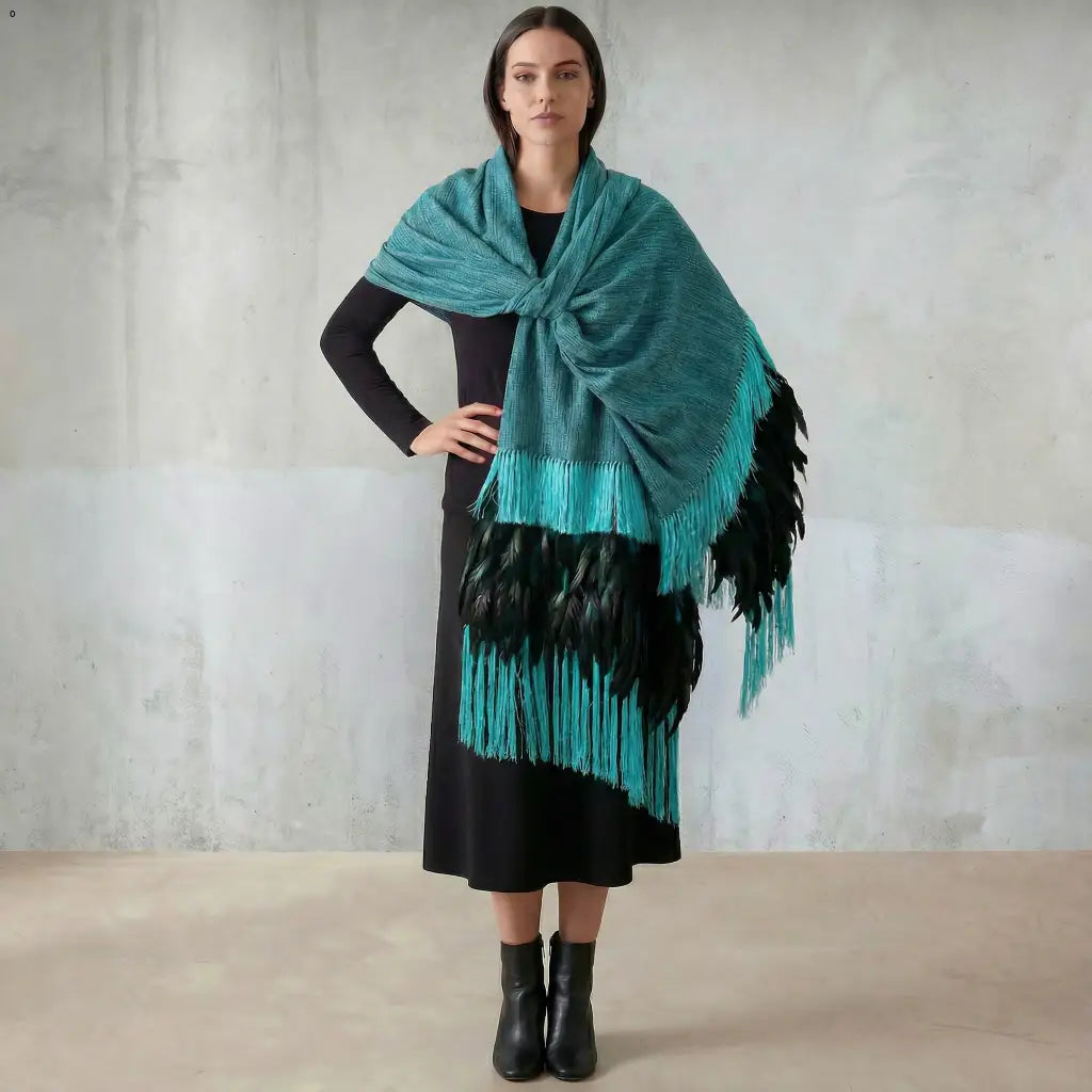 Purepecha rebozo with fringe and feathers Preorder-blue
