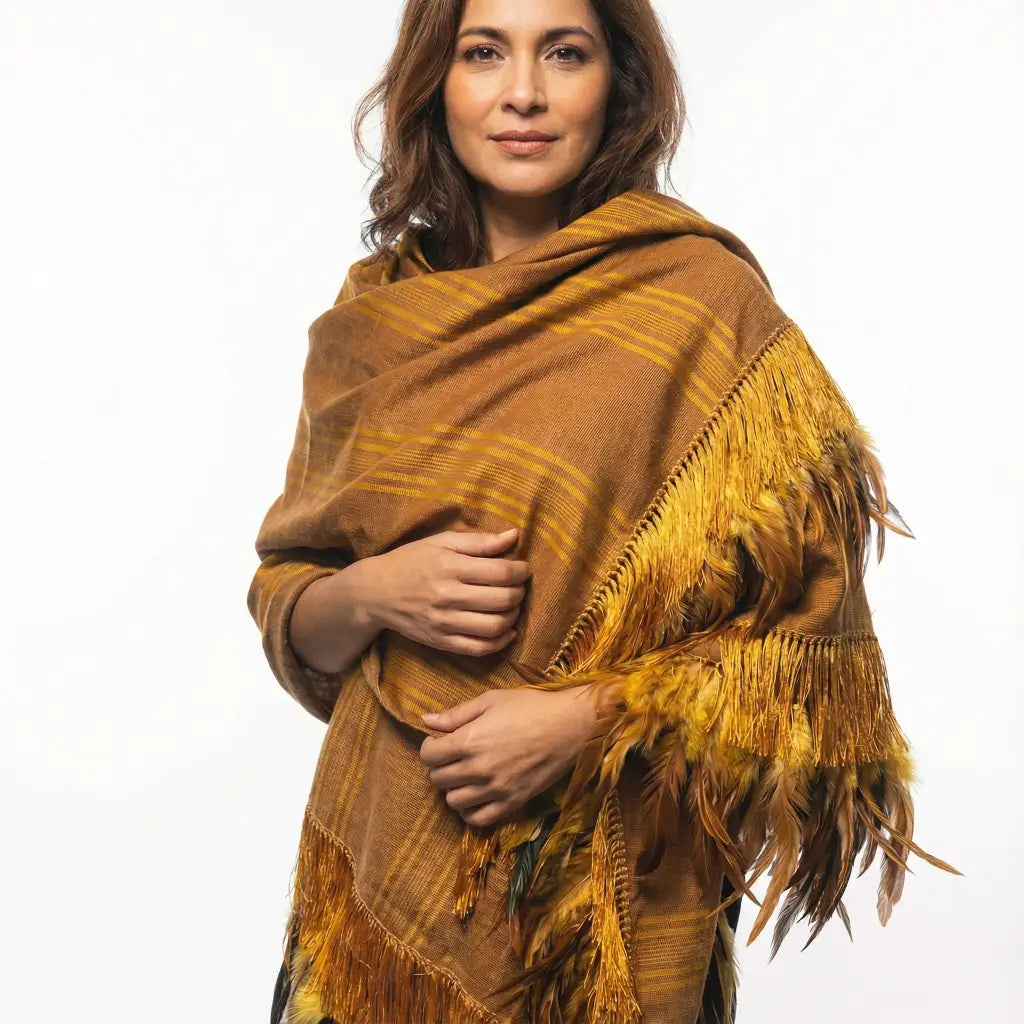 Purepecha rebozo with fringe and feathers Preorder-deep
