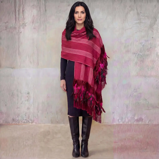 Purepecha rebozo with fringe and feathers Preorder-deep red