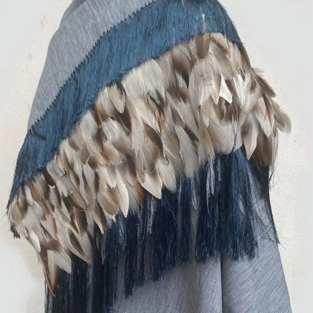 Purepecha rebozo with fringe and feathers Preorder-gray
