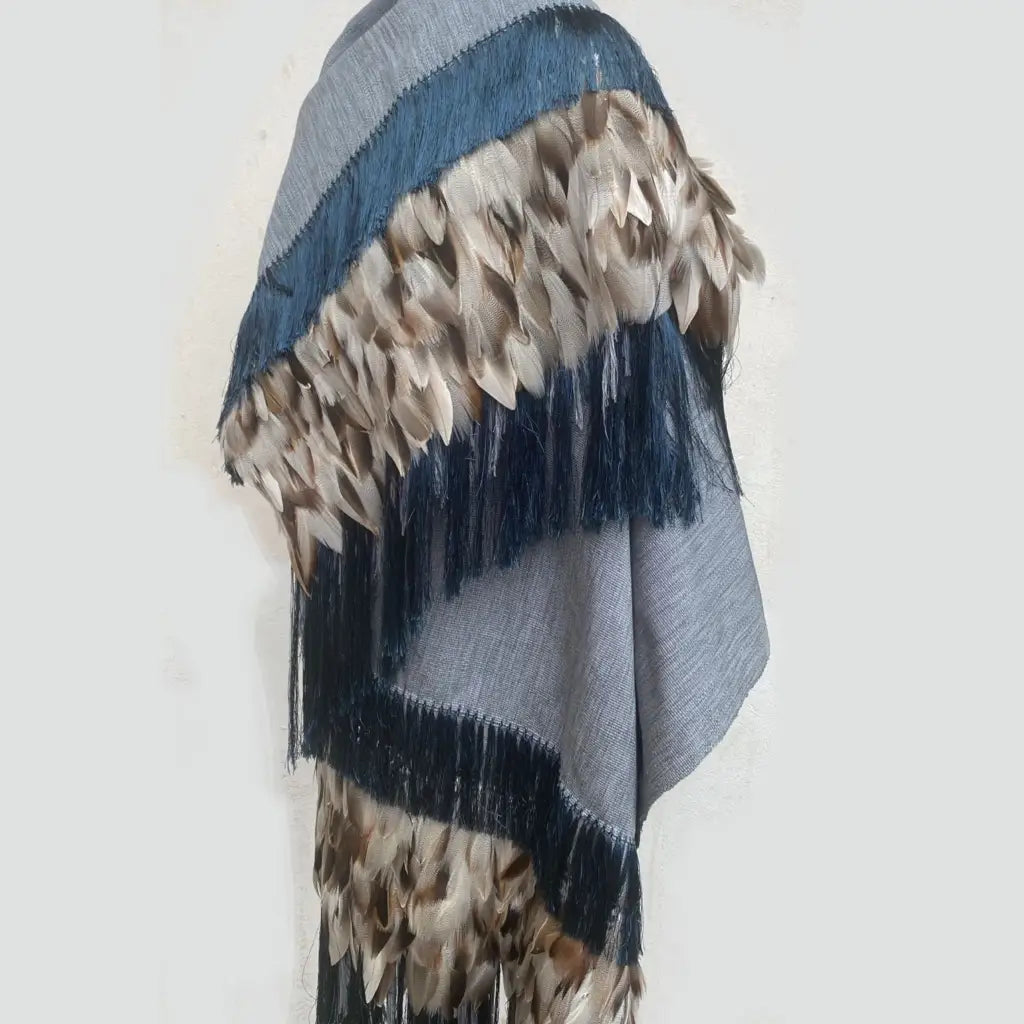 Purepecha rebozo with fringe and feathers Preorder-gray
