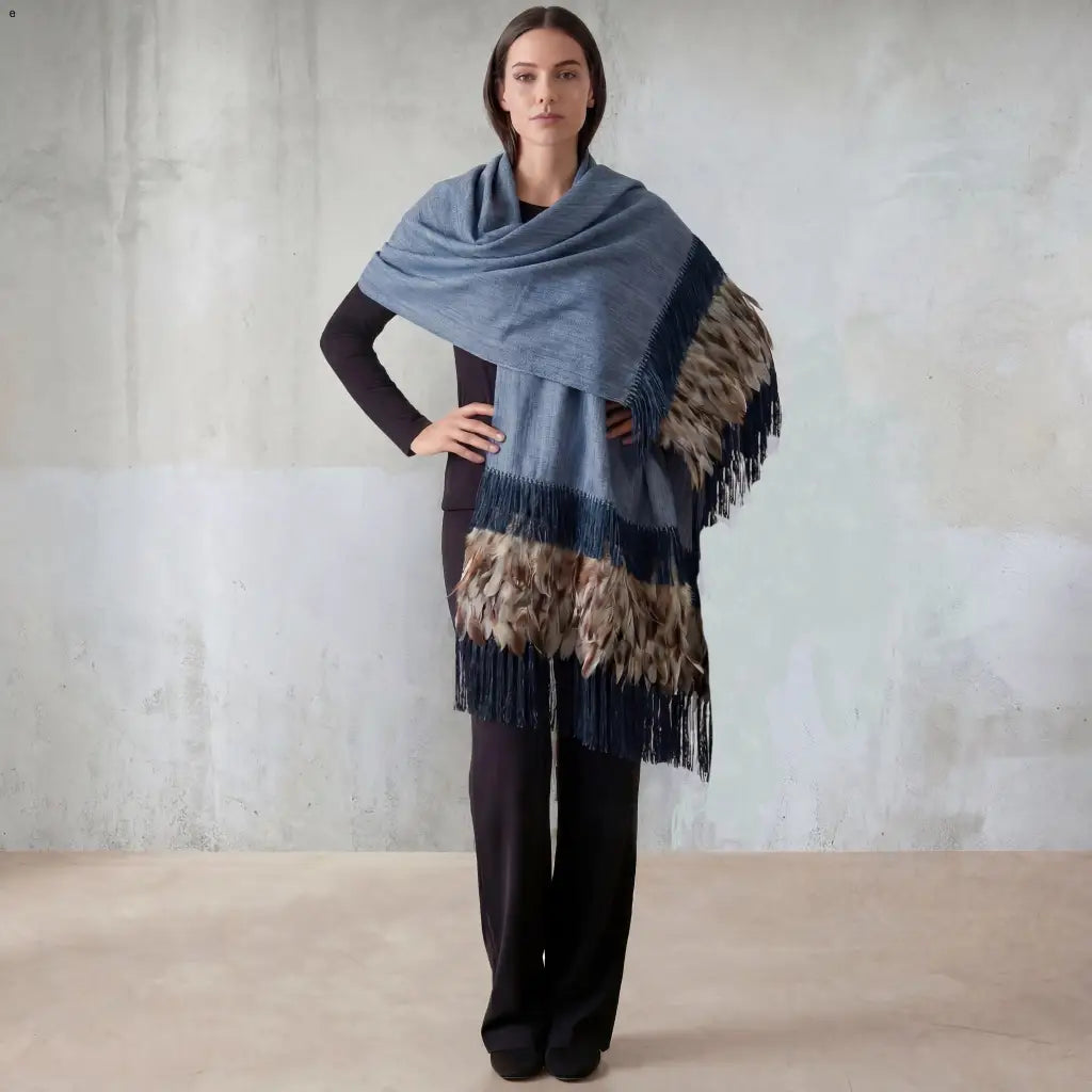 Purepecha rebozo with fringe and feathers Preorder-gray