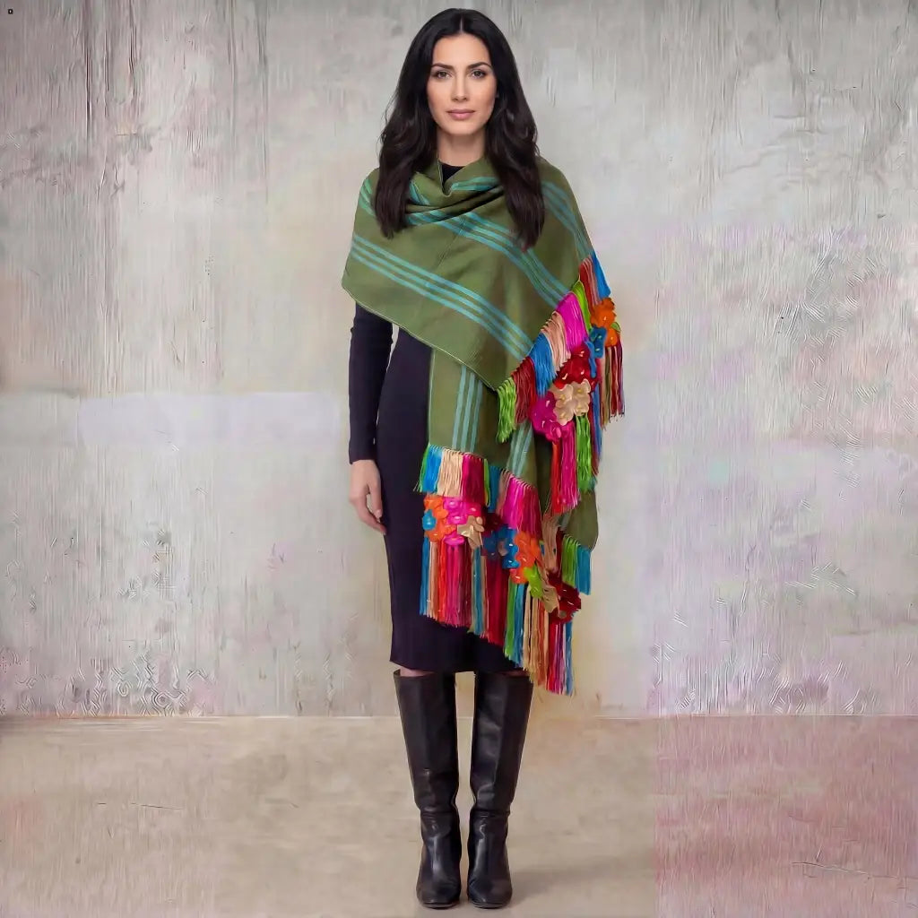 Purepecha rebozo with fringe and feathers Preorder-green