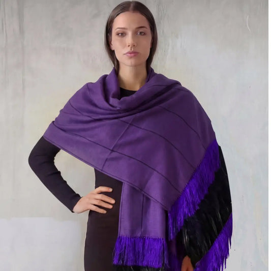 Purepecha rebozo with fringe and feathers Preorder-purple