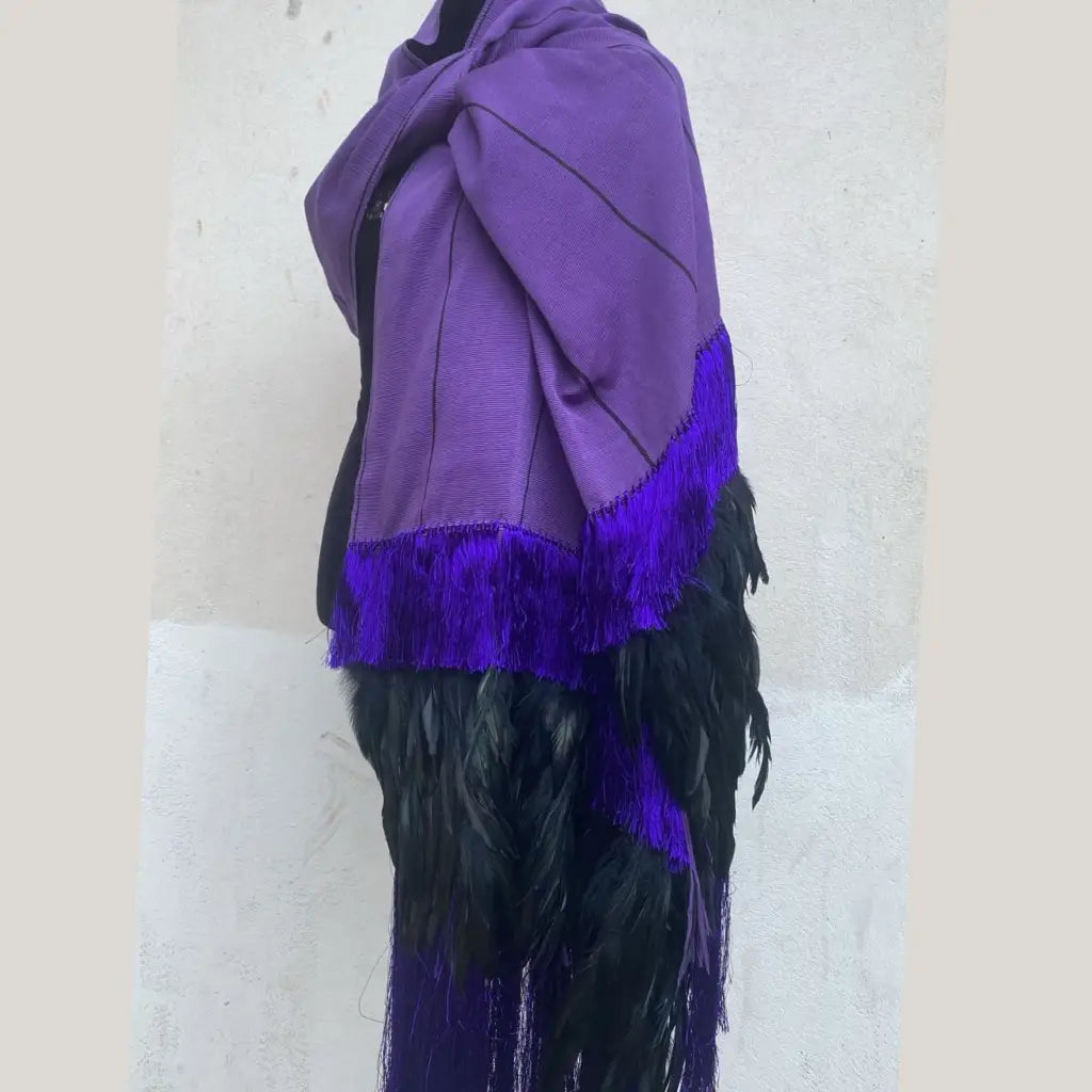 Purepecha rebozo with fringe and feathers Preorder-purple
