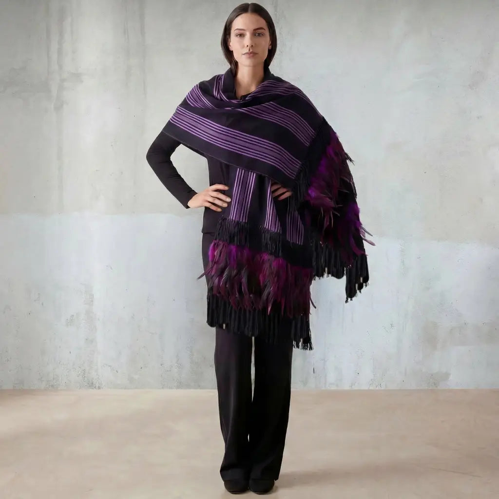 Purepecha rebozo with fringe and feathers Preorder-purple