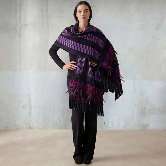 Purepecha rebozo with fringe and feathers Preorder-purple