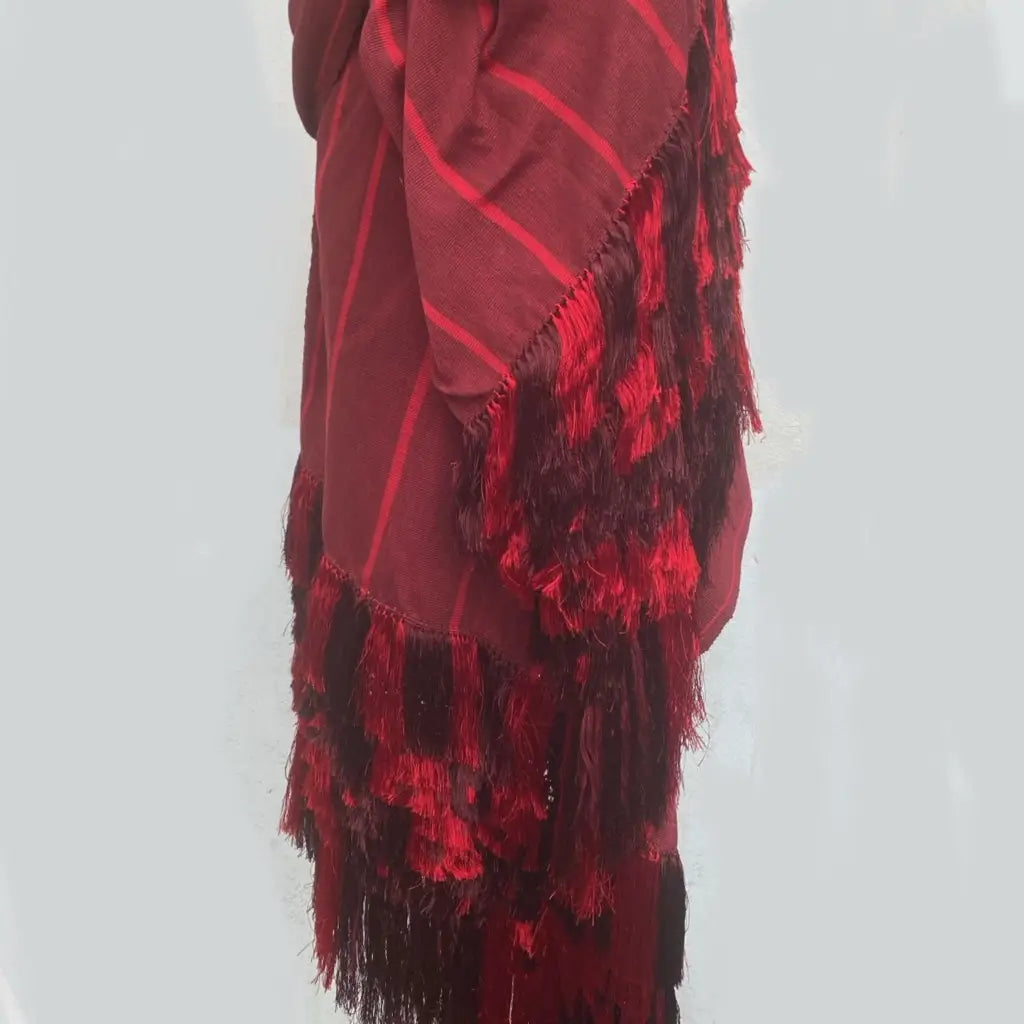 Purepecha rebozo with fringe and feathers Preorder-red