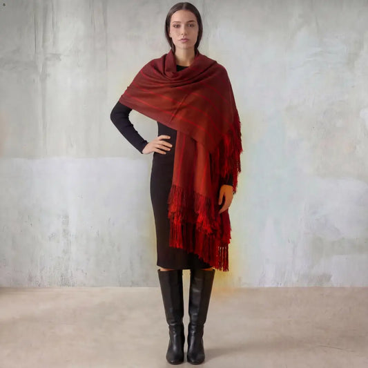 Purepecha rebozo with fringe and feathers Preorder-red