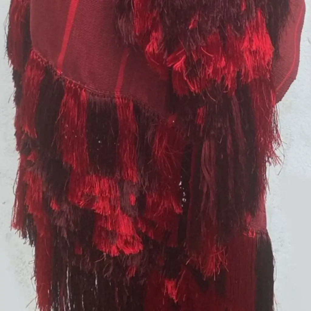 Purepecha rebozo with fringe and feathers Preorder-red