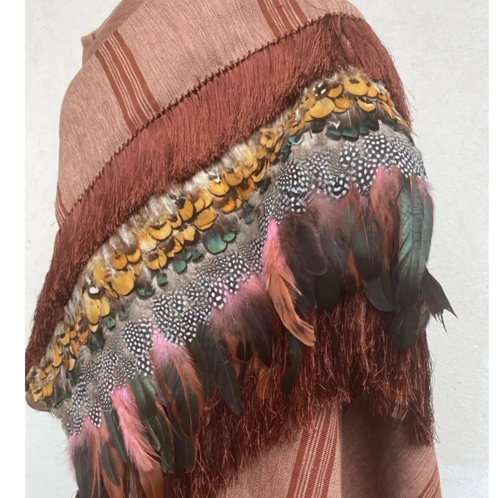 Purepecha rebozo with fringe and feathers Preorder-rust