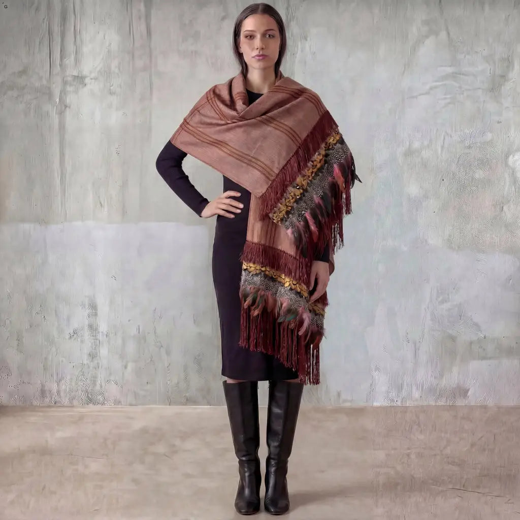 Purepecha rebozo with fringe and feathers Preorder-rust