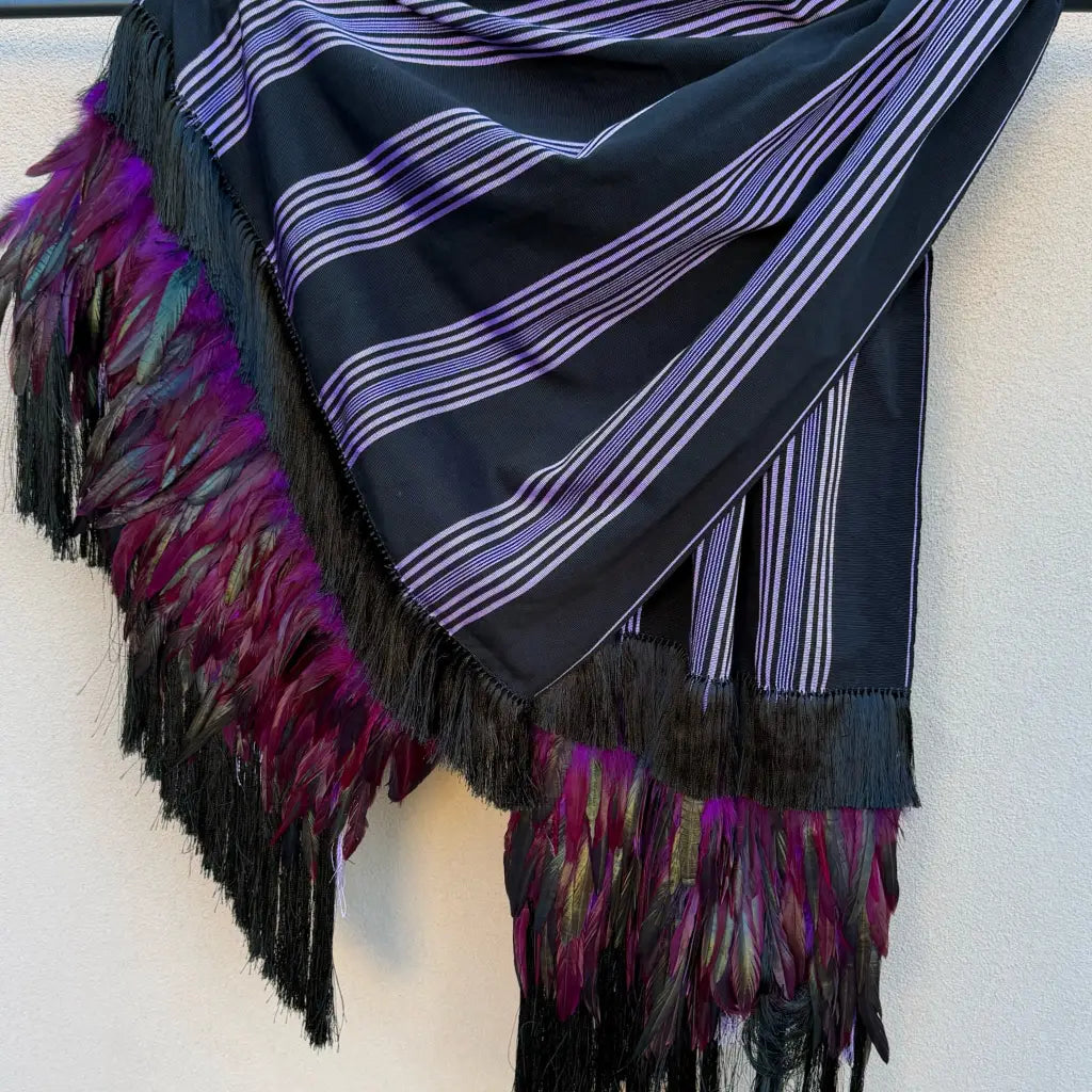 Purepecha rebozo with fringe and feathers purple - Shawl