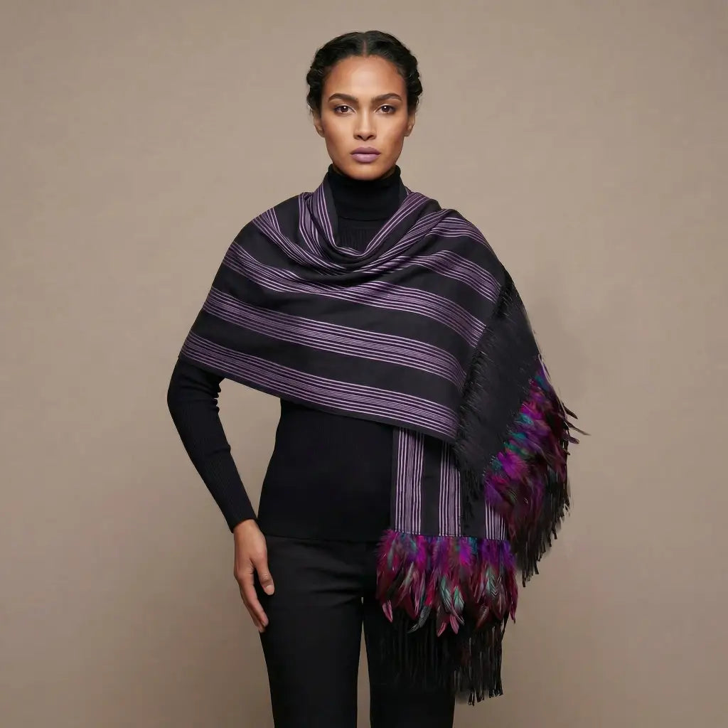 Purepecha rebozo with fringe and feathers purple - Shawl