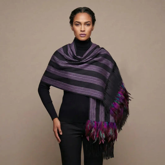 Purepecha rebozo with fringe and feathers purple - Shawl