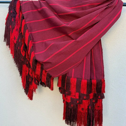 Purepecha rebozo with fringe and feathers-red black Flowers