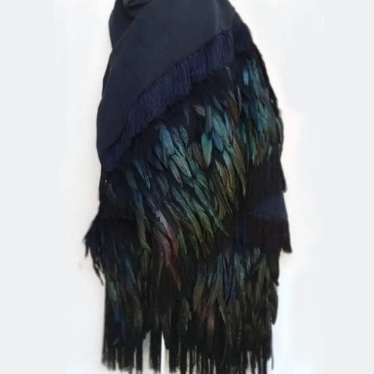 Purepecha rebozo with fringe and feathers-black - Shawl