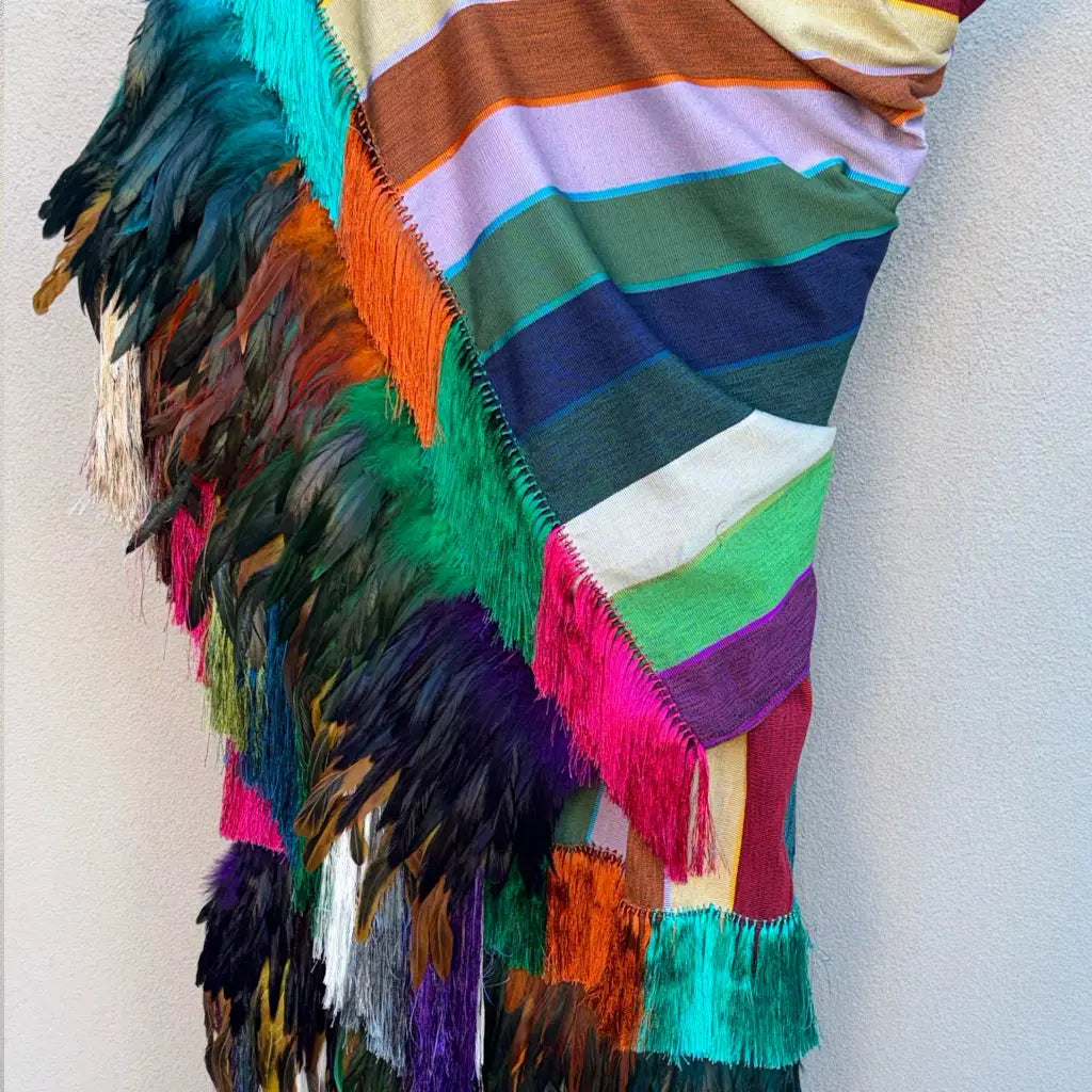 Purepecha rebozo with fringe and feathers - Shawl