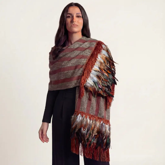 Purepecha rebozo with fringe and feathers - Shawl