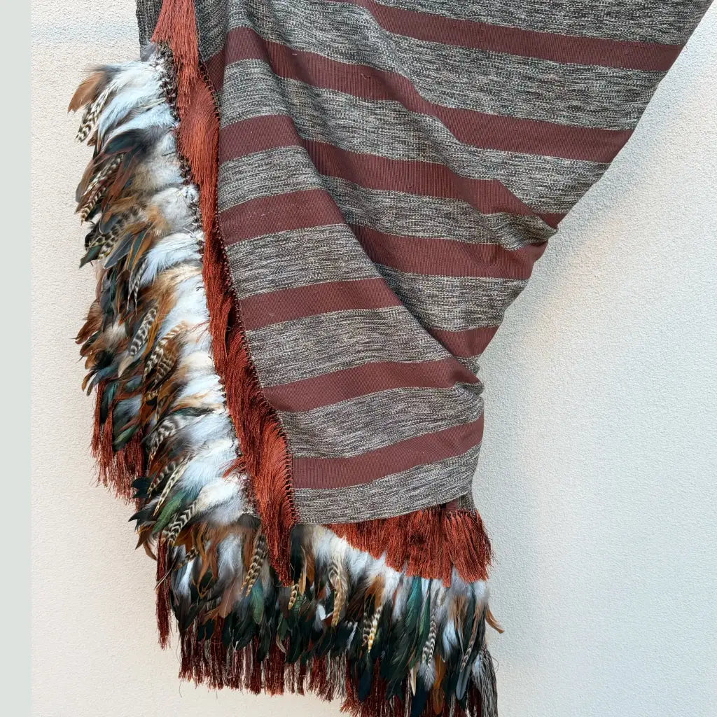 Purepecha rebozo with fringe and feathers - Shawl