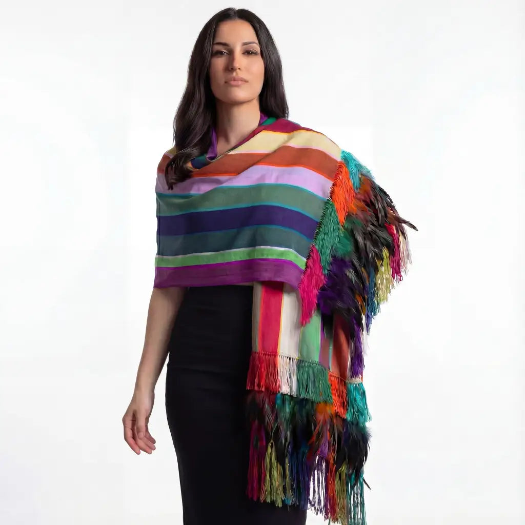 Purepecha rebozo with fringe and feathers - Shawl