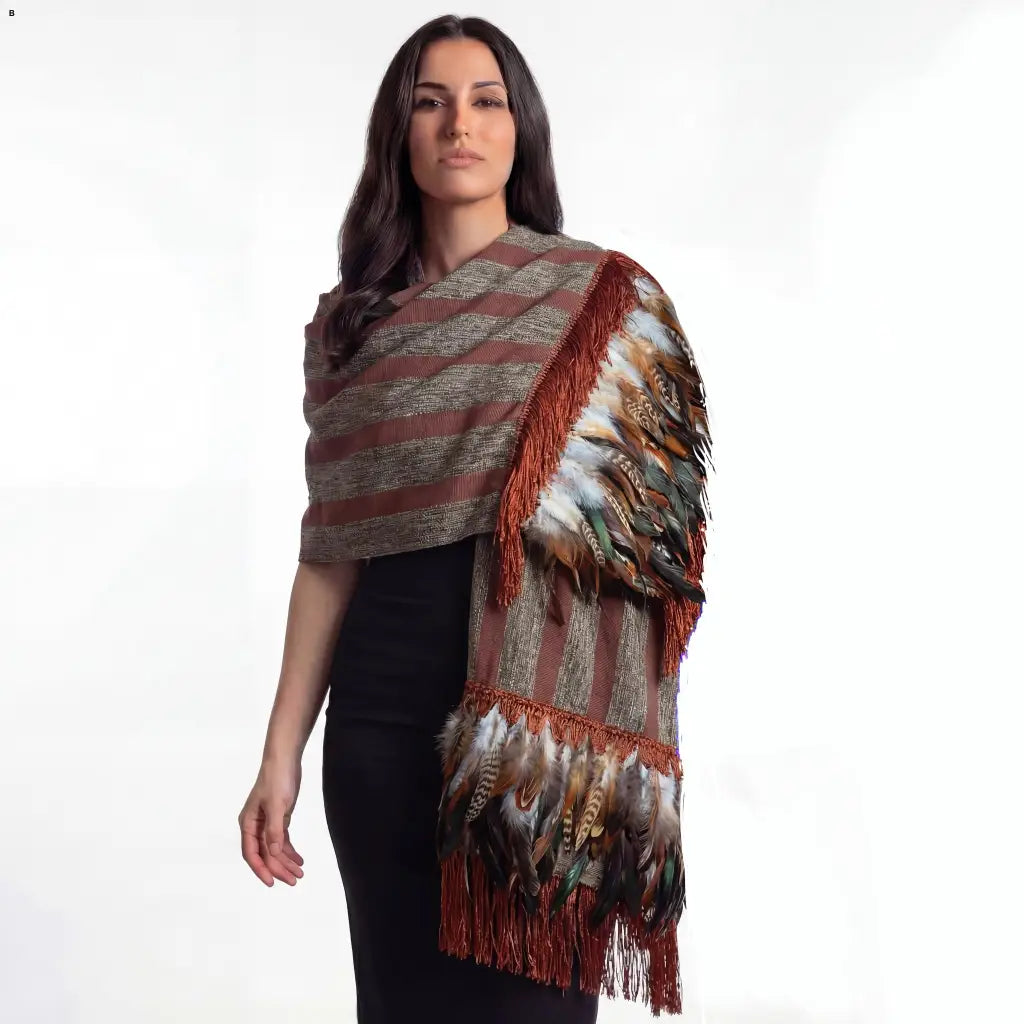 Purepecha rebozo with fringe and feathers - Shawl
