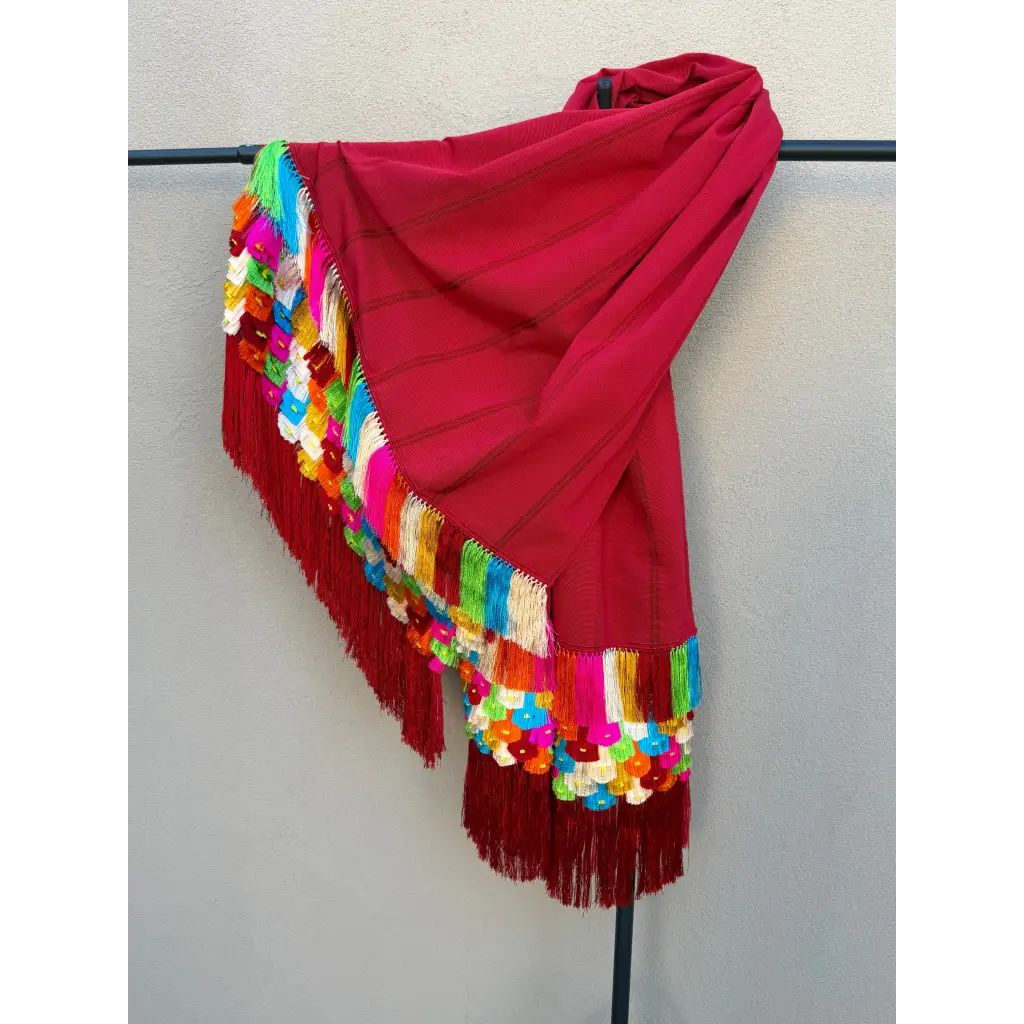 Red multi color. purepecha rebozo with fringe - Shawl