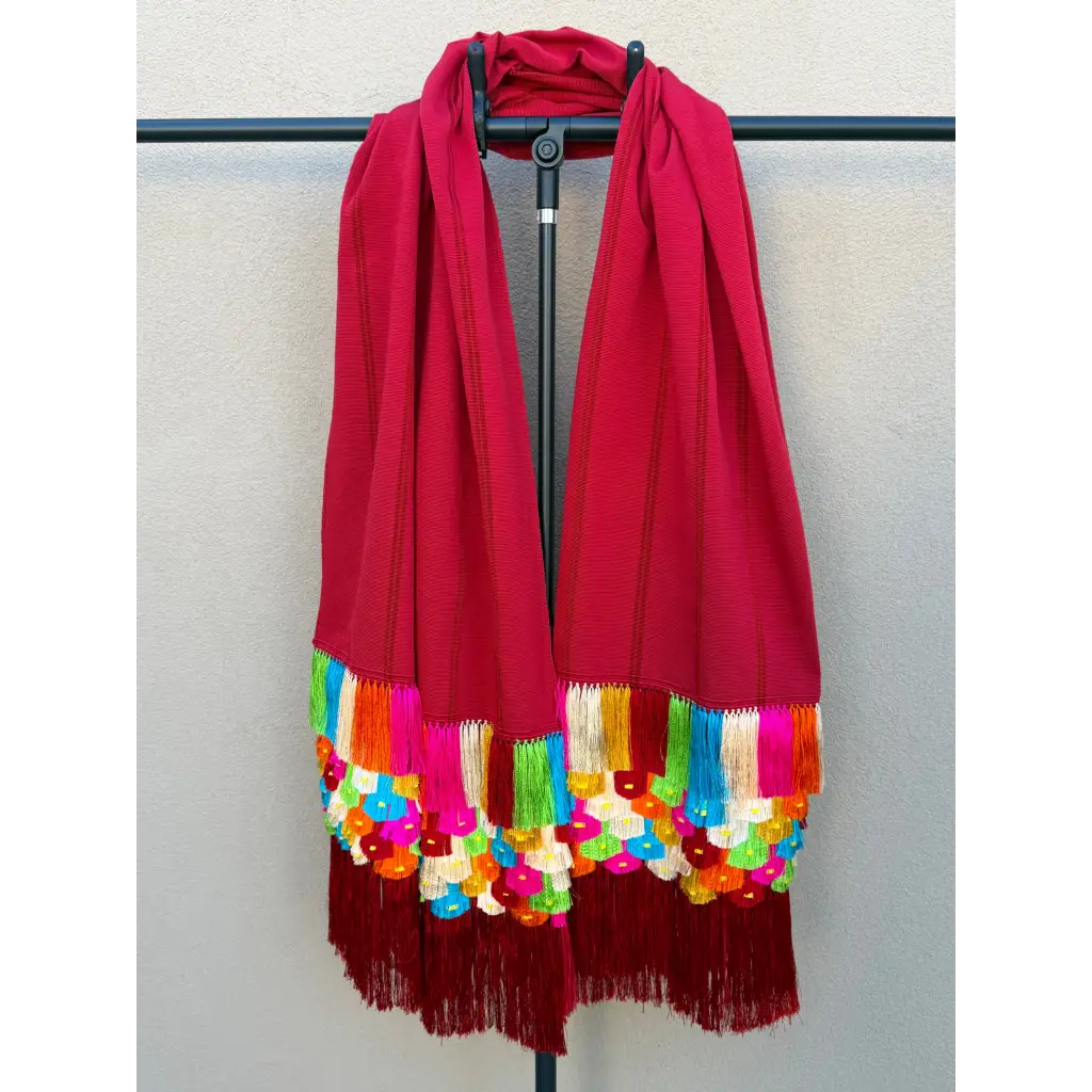 Red multi color. purepecha rebozo with fringe - Shawl