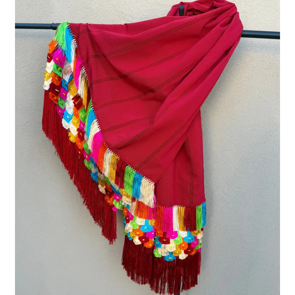 Red multi color. purepecha rebozo with fringe - Shawl