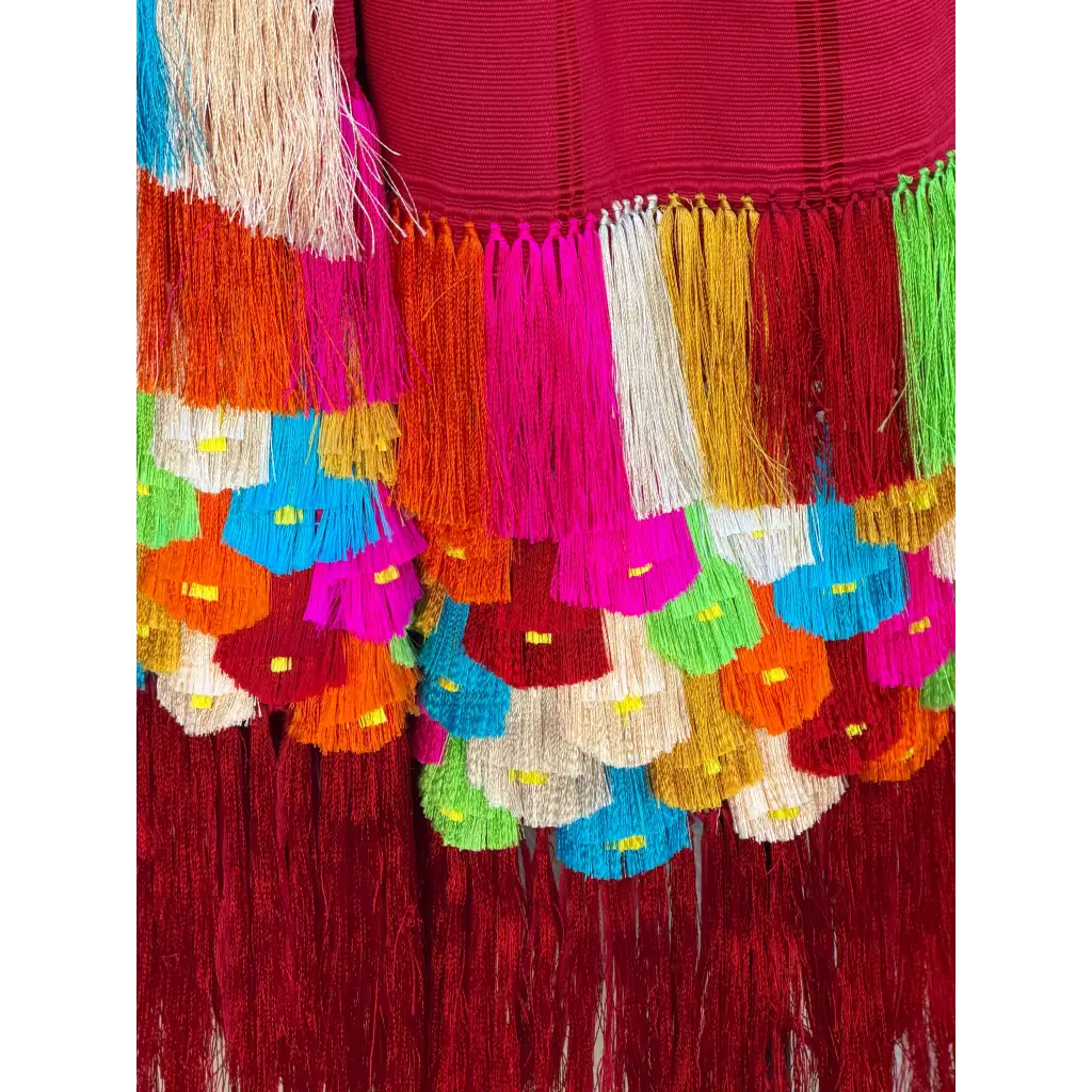 Red multi color. purepecha rebozo with fringe - Shawl