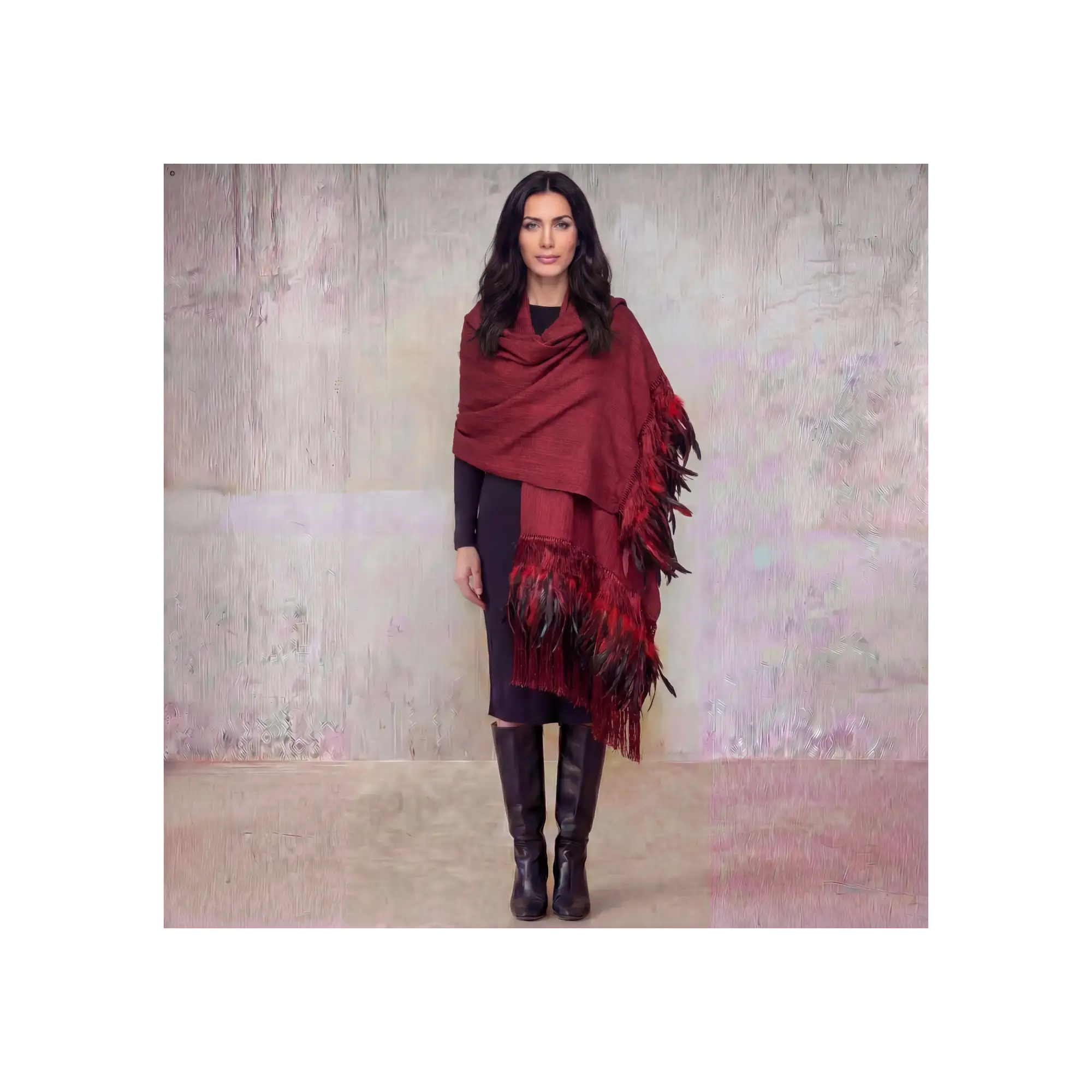 A rich burgundy woolen shawl with long, layered feather fringe.