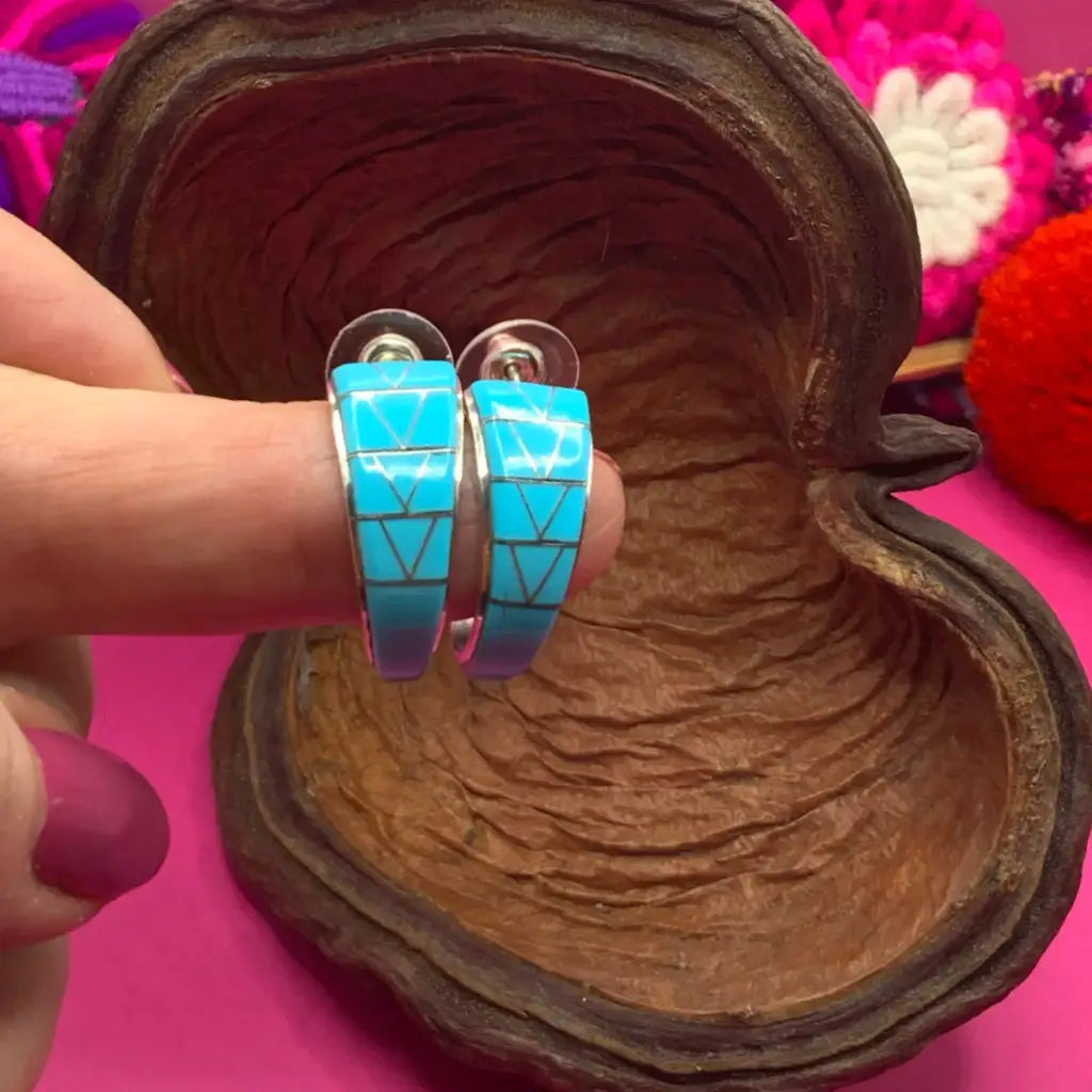 Silver inlaid turquoise earrings from Crownpoint Navajo made